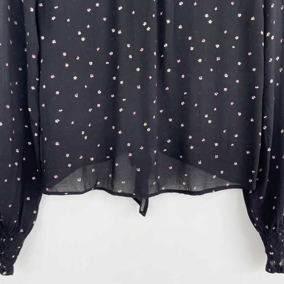 Anthropologie Cloth & Stone Black Floral Ruffle Neck Tie Front Long Sleeves Top - Picture 12 of 12